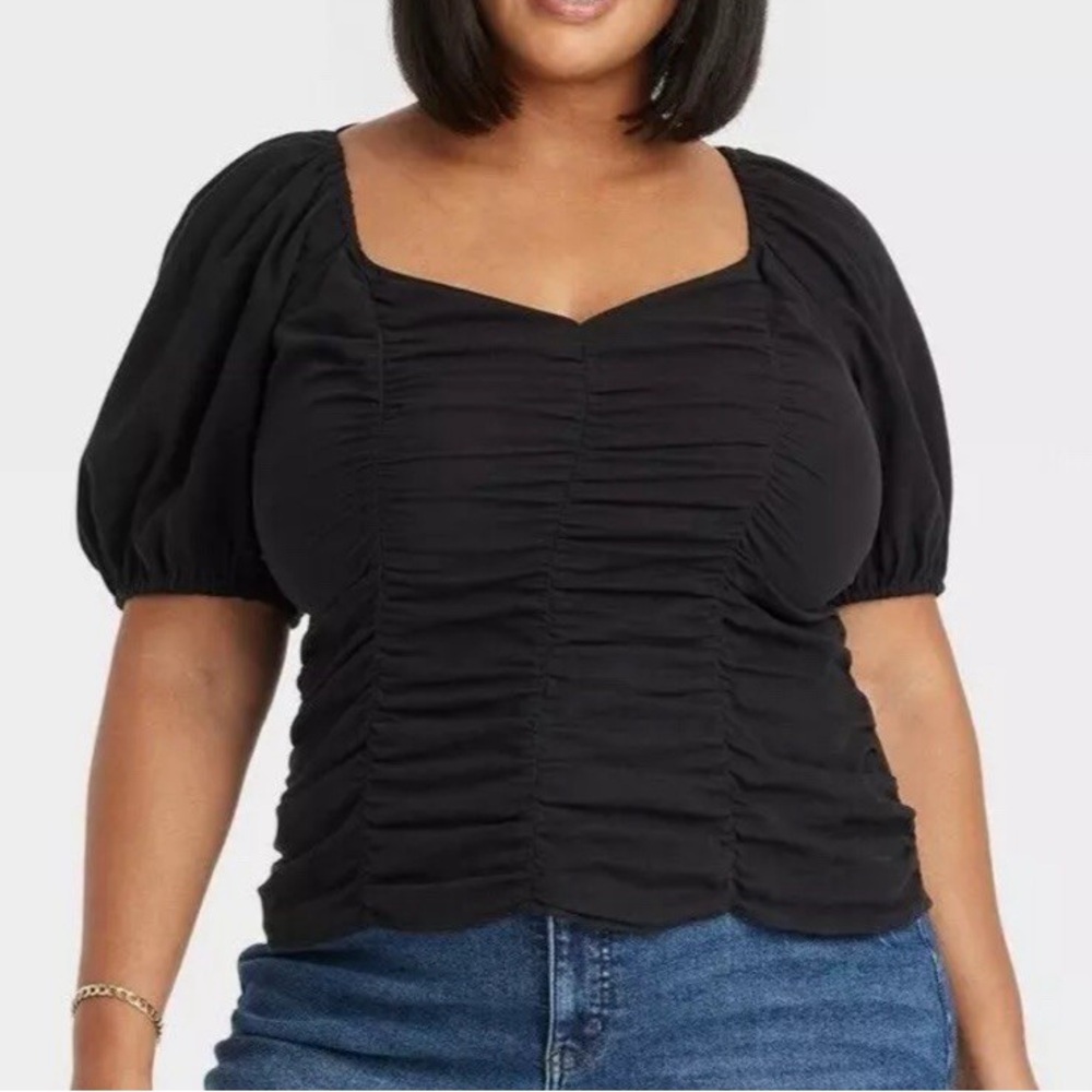 Ava & Viv Womens Plus 2X Puff Sleeve Ruched Top Black Short Sleeve Smocked